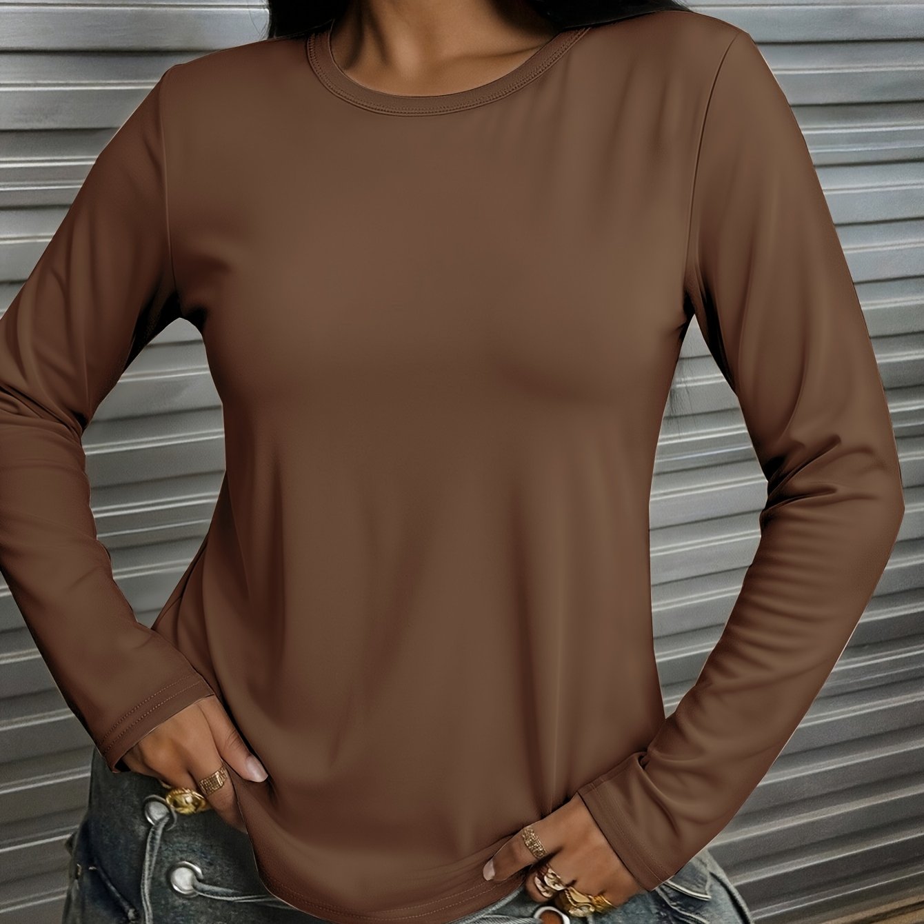 TEMU Women's Fashion Round Neck Long Sleeve T-shirt, Soft And Breathable, Skin-friendly , Casual, Street Trendy, Versatile Round Neck Long Sleeve
