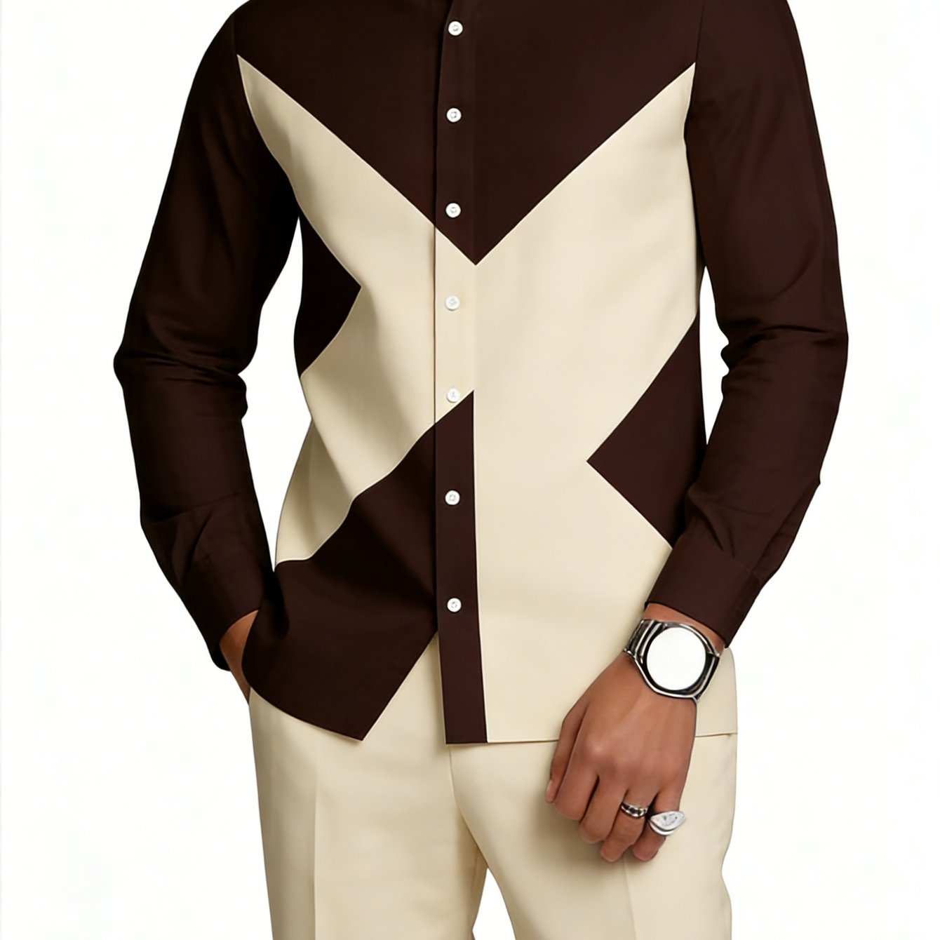 Image of Men's 2pcs Stand Collar Suit- /geometric Pattern Collar Long Sleeve Suit| Formal/casual Traditional Attire, Men's Casual Suit, A For Men