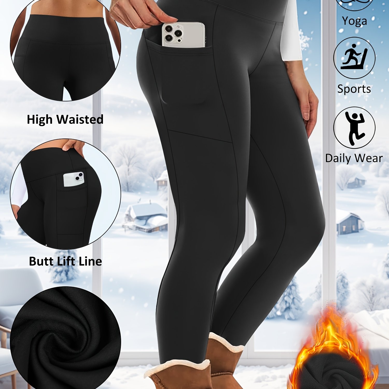 Plus Size Autumn And Winter Fleece-lined 9-point High-waisted Leggings With Side Pockets.