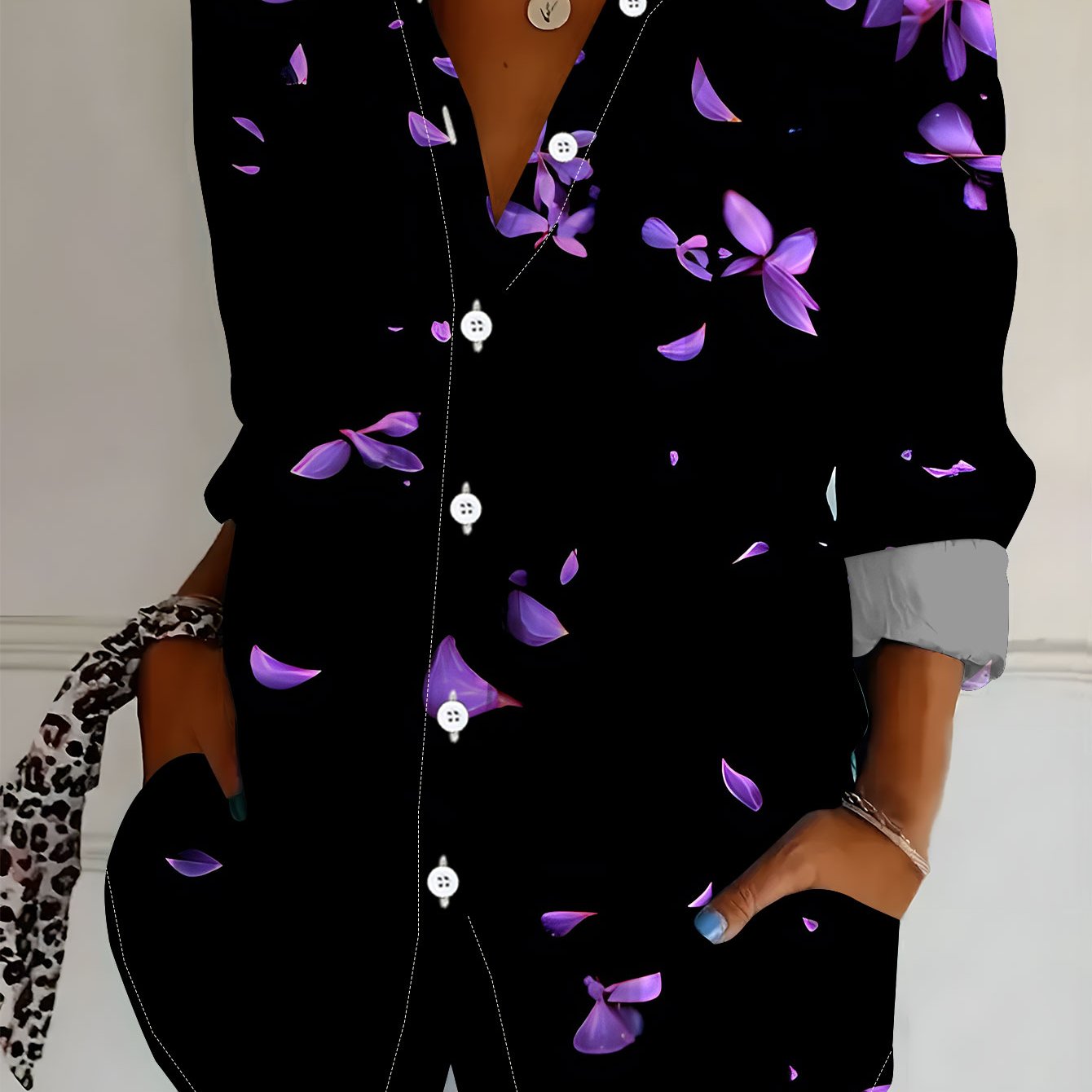 TEMU Plus Size, New Plus Size Women's Long Sleeve Printed Shirt - Versatile Elegant Blouse For Women, On Black Background , Loose Fit Long Sleeve