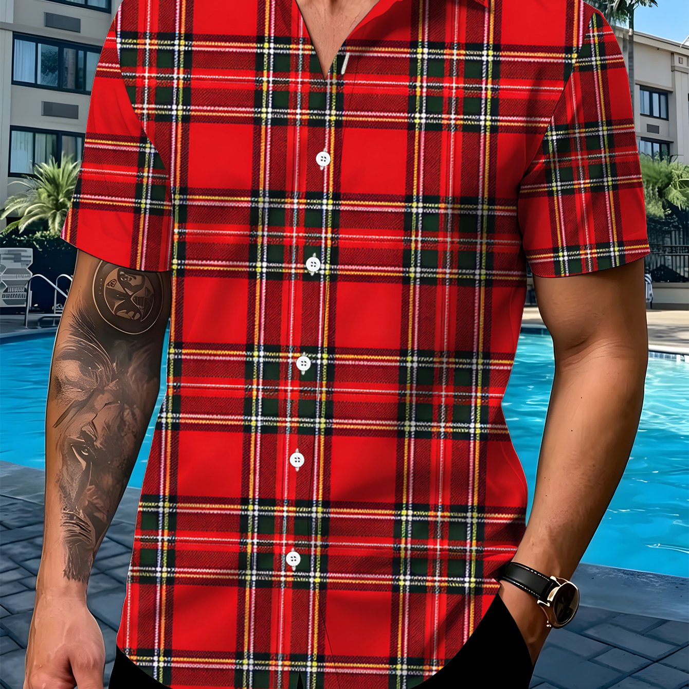 TEMU Plus Size Men's Short Sleeve Shirt, Pattern, Casual Short Sleeve Top For Plus Size Men, Colorful Print, Enlarged Men's Sporty Printed Short