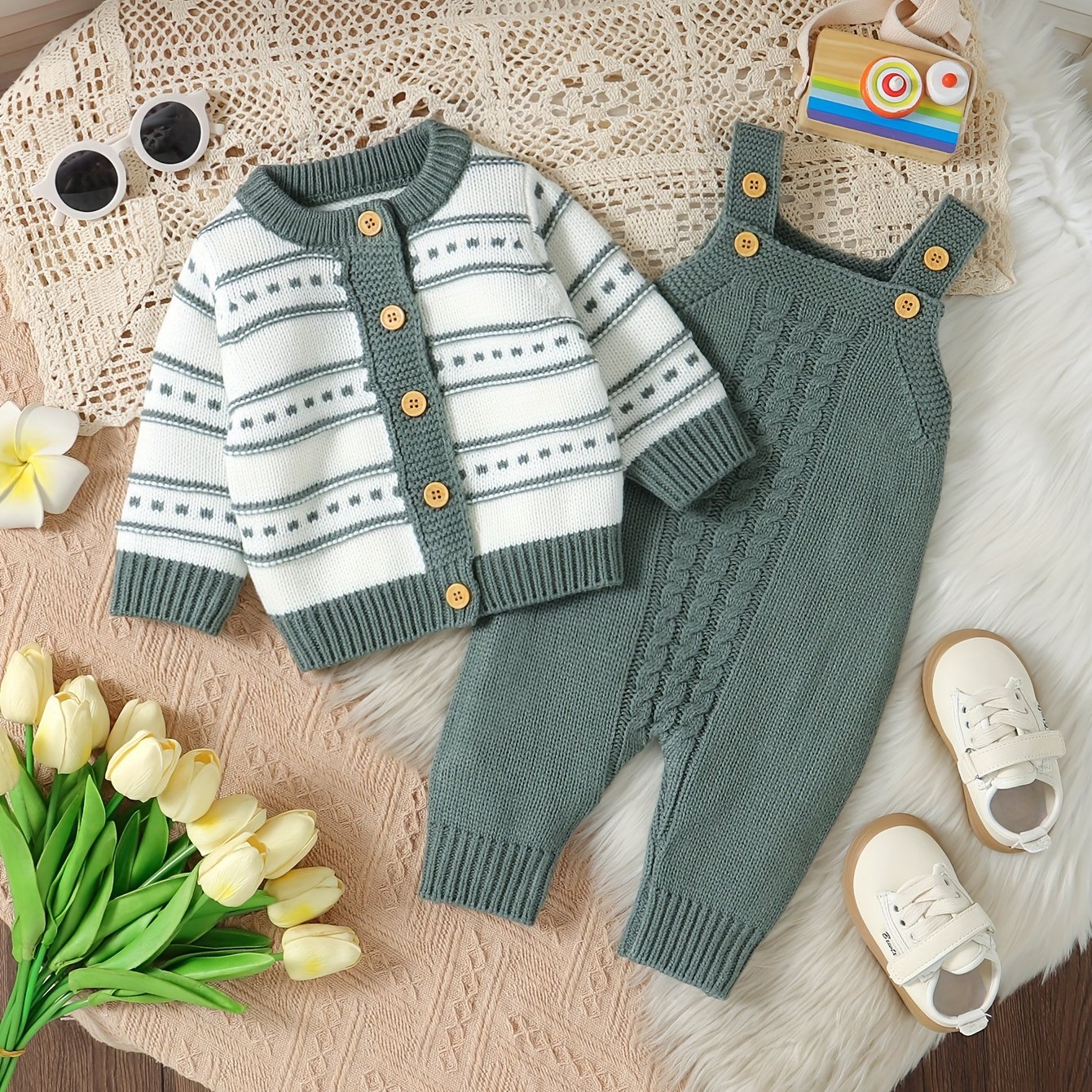 Image of Infant And Toddler Romper Boys' Suspender Bodysuit Climbing Suit Knitted Open Front Striped Sweater Two-piece Set, Perfect For Outdoor