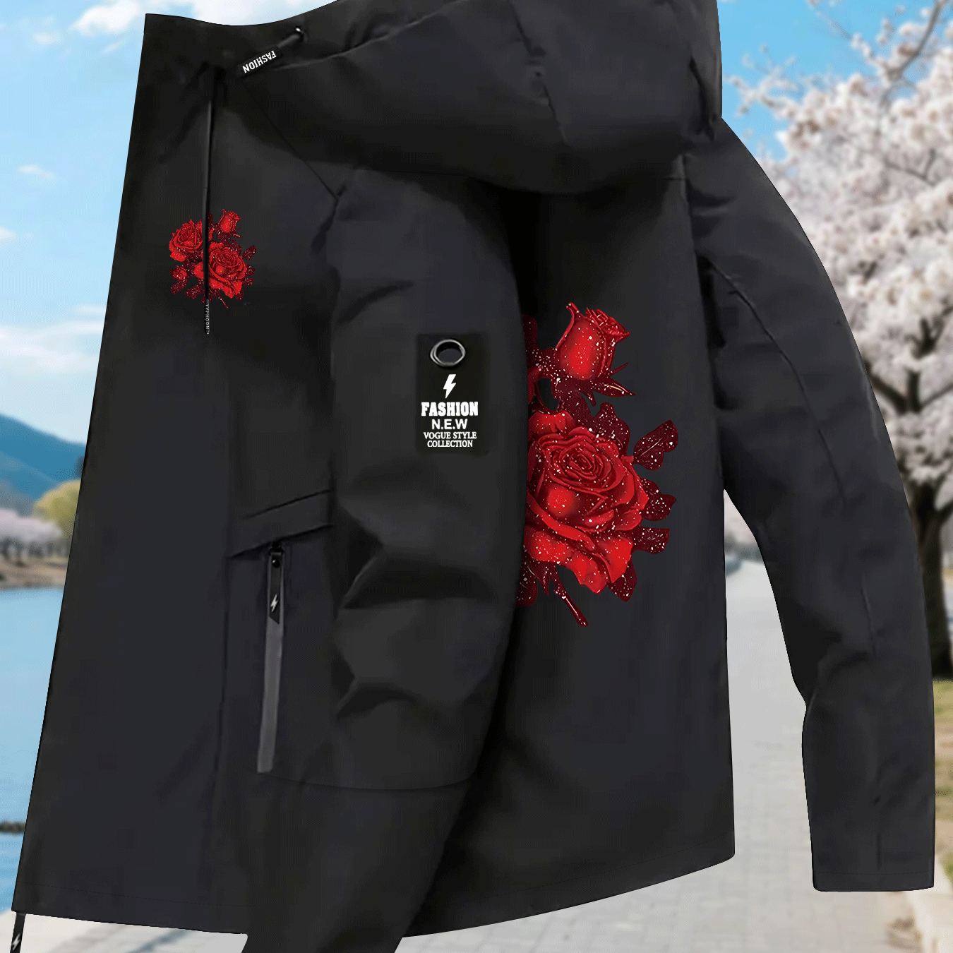 TEMU Luxury Red Rose Glitter Print Women's Lightweight Jacket, Casual Outdoor Jacket With A
