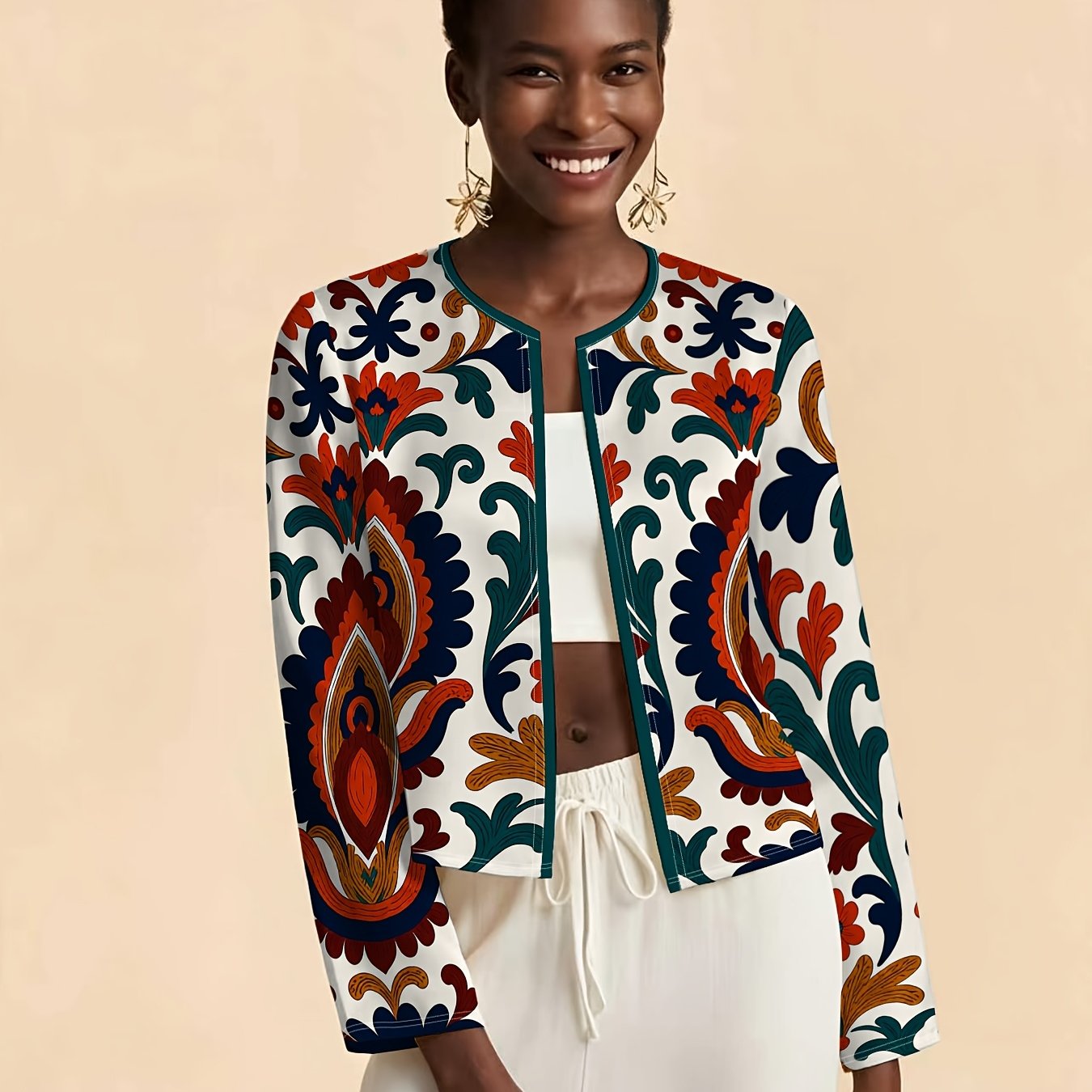 TEMU Vintage Paisley Ethnic Women's Jacket, Fashionable Casual Top, Niche All-match Western Style, Casual Comfortable Breathable Cool Lightweight