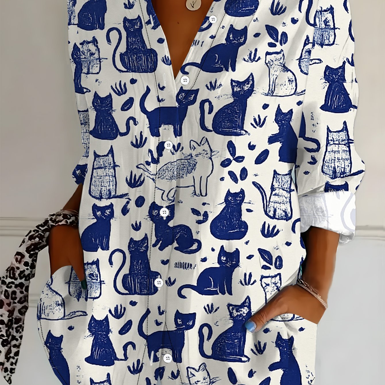 TEMU Plus Size, Summer Plus Size Women's Long Sleeve Shirt, Fashionable Casual Lapel Blouse For Women, Printed Design – Not Textured, Versatile