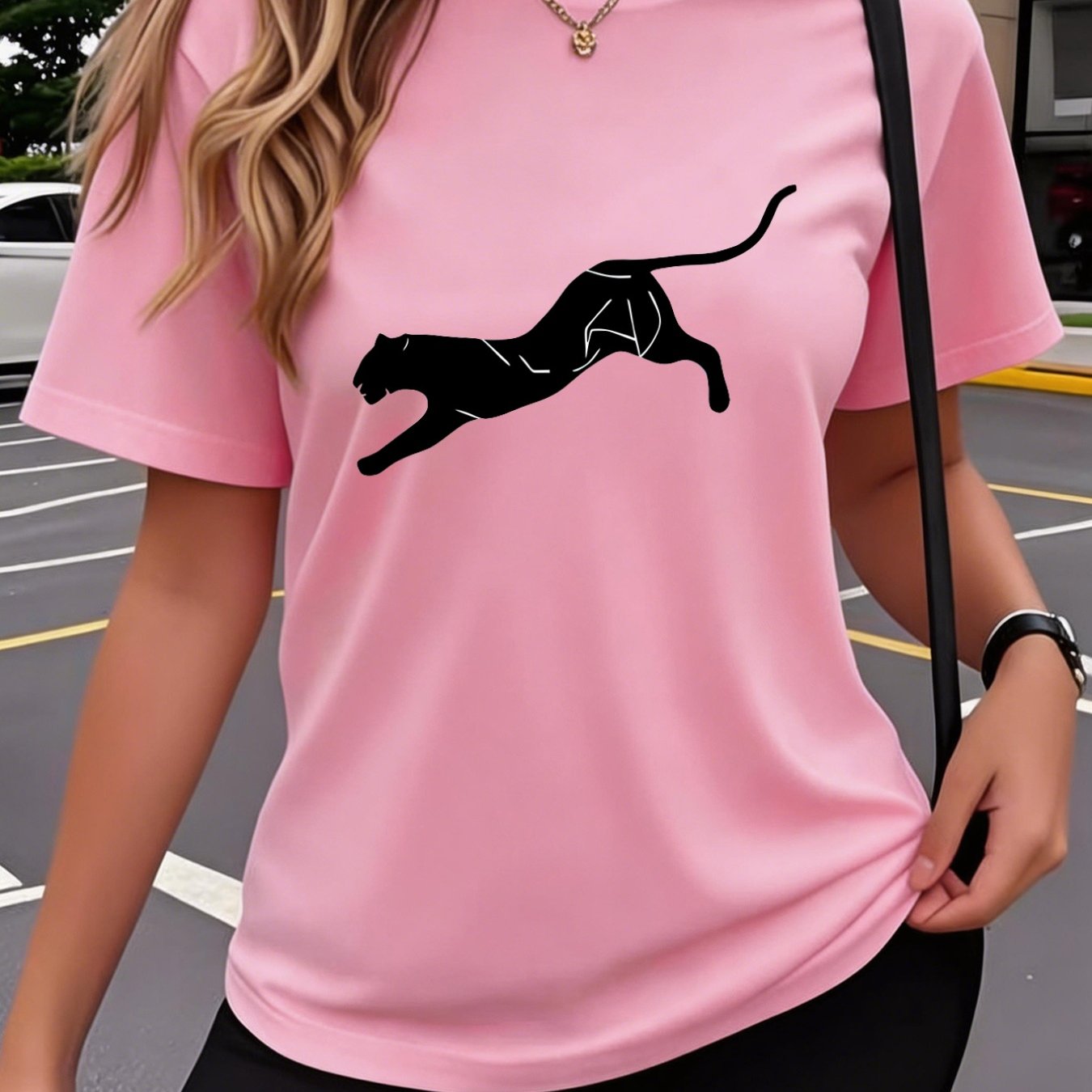 TEMU T-shirt à col rond et imprimé léopard pour femme - Blouse pull à manches courtes pour tenue décontractée et sportive, lavable en machine,