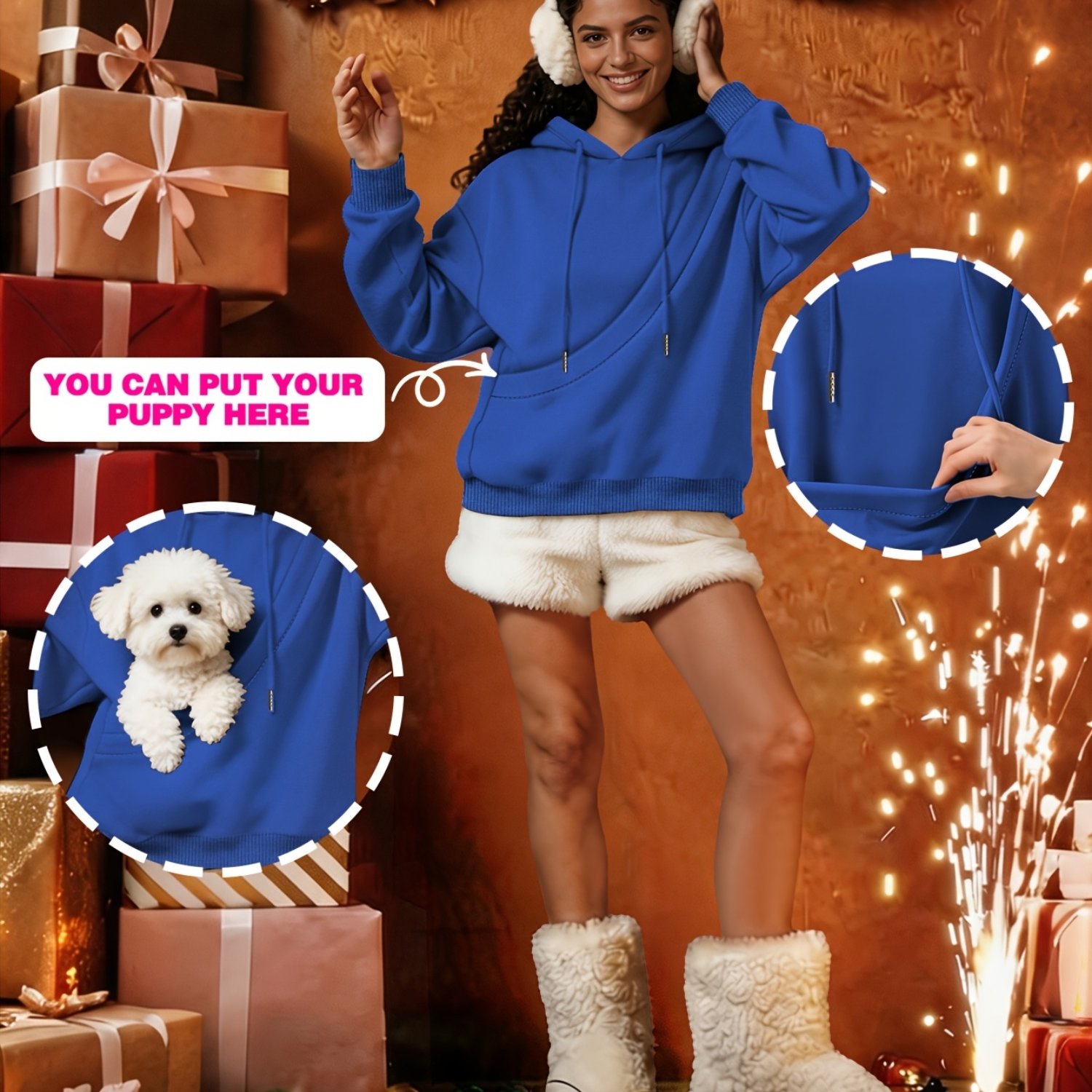 TEMU Sweat à capuche pour femmes, doublé , couleur unie, design facile, style pour des animaux, avec poche de transport pour animaux intégrée, et
