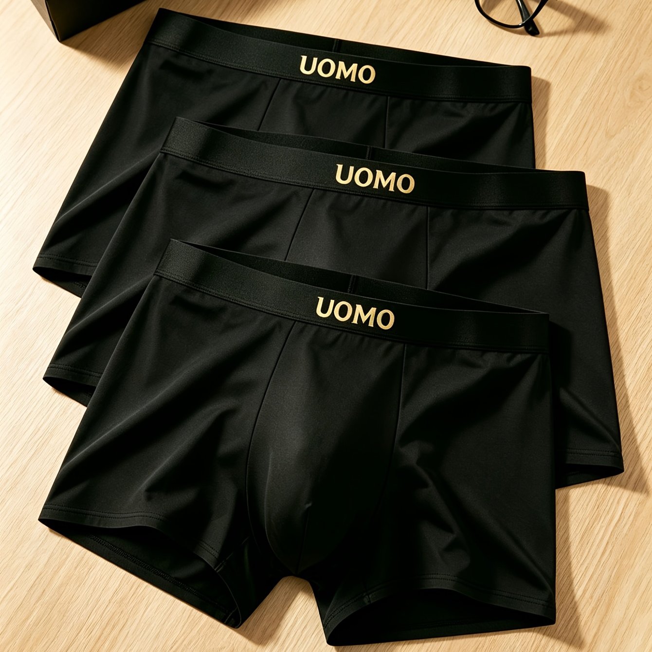 TEMU (CELLULOSE) Ensemble de 3 sous-vêtements plats noirs luxueux pour hommes, avec impression thermotransfert sur la ceinture, haute élasticité et