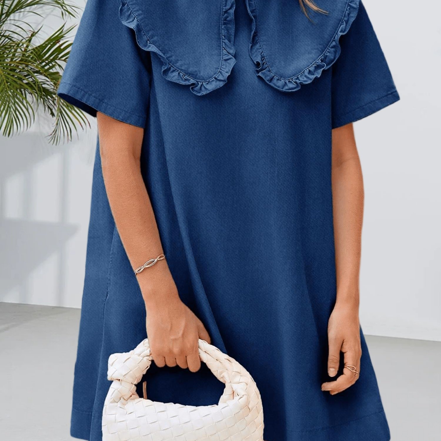 Oversized Peter Pan Collar Short Sleeve Babydoll Jean Dress For Women In Summer Denim