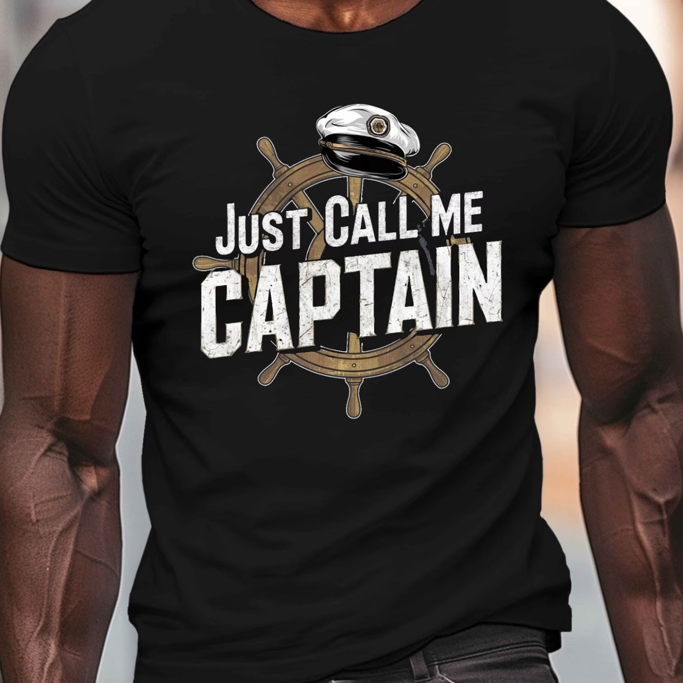 TEMU Captain Print Men's Short Sleeve T-shirt " Me Captain" With Sailor Hat, American Distressed Font Design, Summer Plus Size Loose Fit Nautical