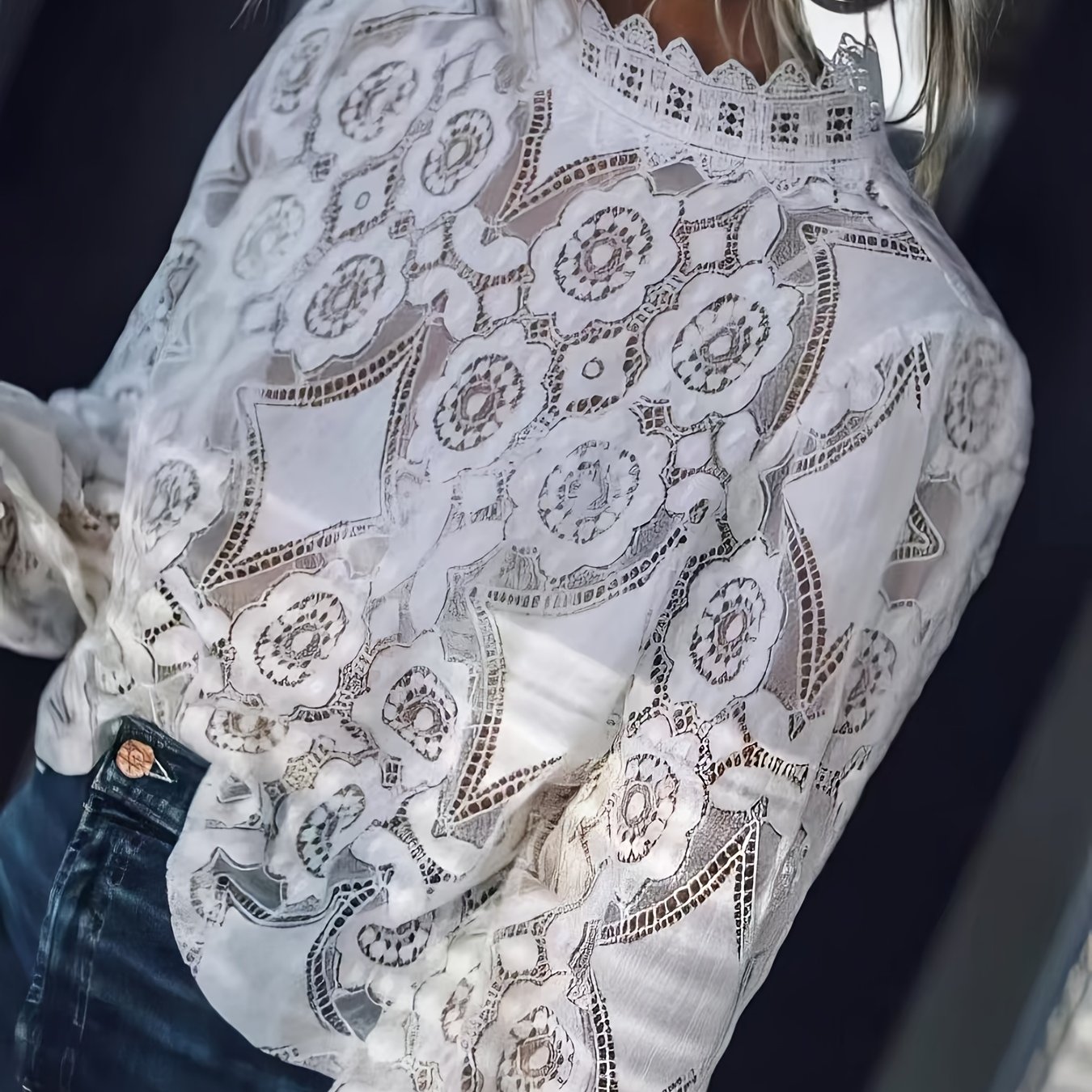 Women's Elegant Retro Lace Long Sleeve Blouse - Sheer With Floral Cut-out Details, Machine Washable Top For Casual & Formal Wear, Formal Elegant Top | Retro Lace Top | Stylish Cutout Top