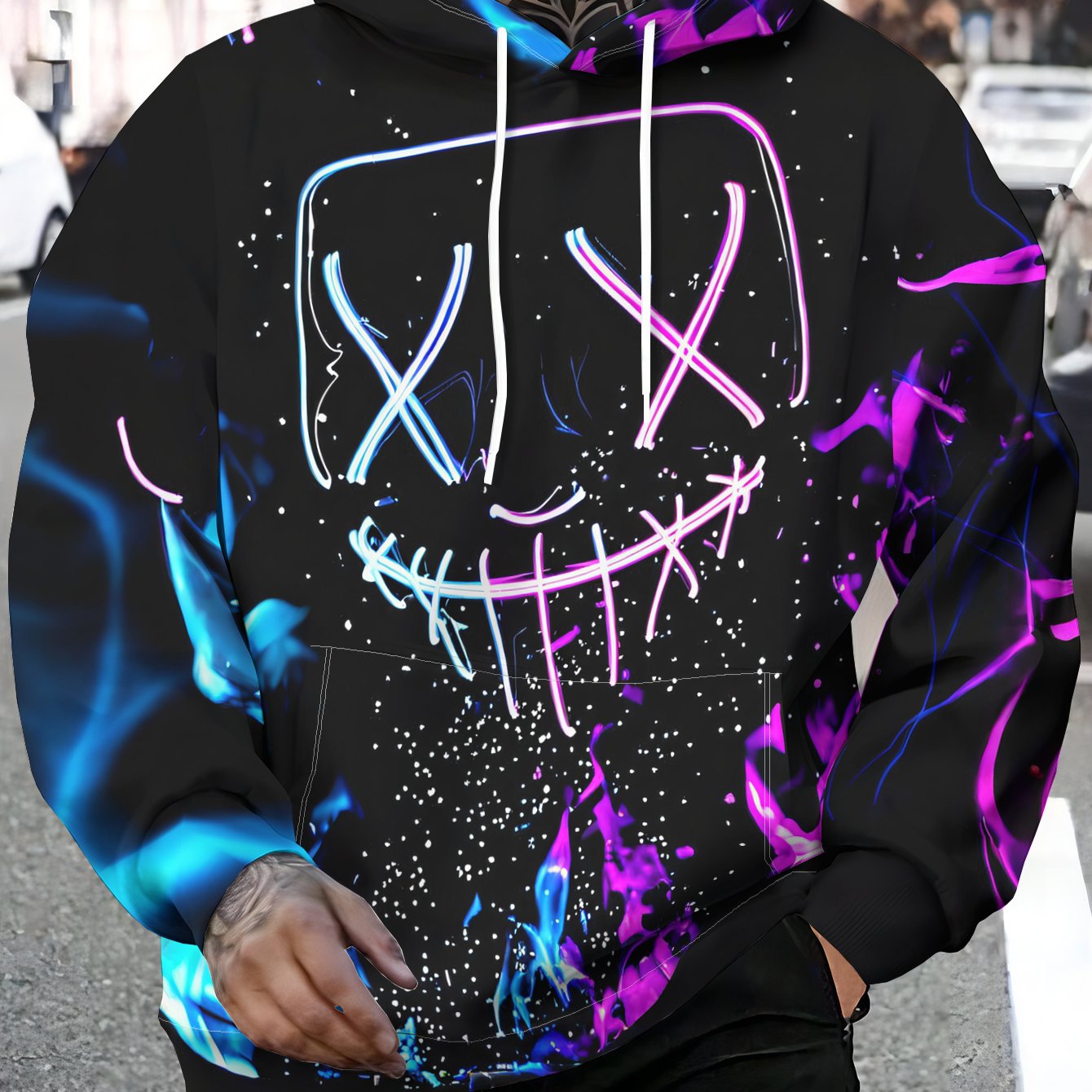 TEMU Fashion Hooded Sweatshirt, Casual Sport Hoodie With Neon Lines Outlining A Creepy Smile Surrounded By Flashing -purple Flames And Front Pocket -