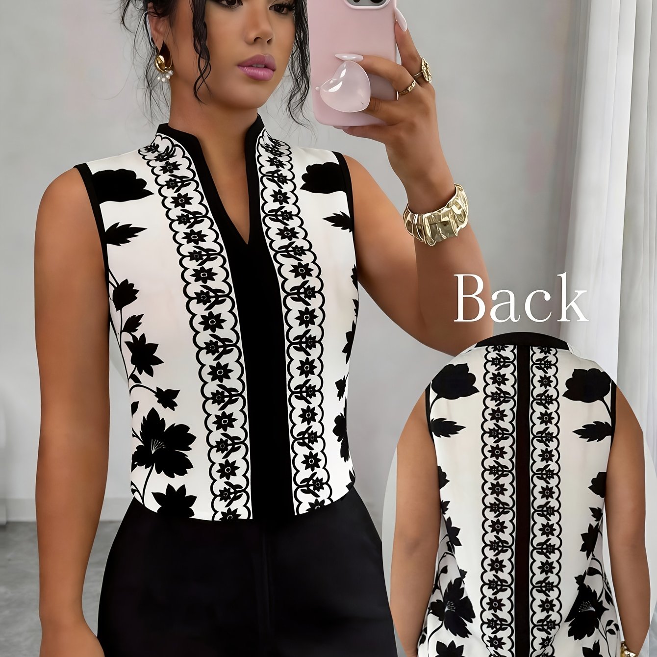 TEMU Minimalist Floral Print Sleeveless Shirt, New Summer Elegant V-neck Top