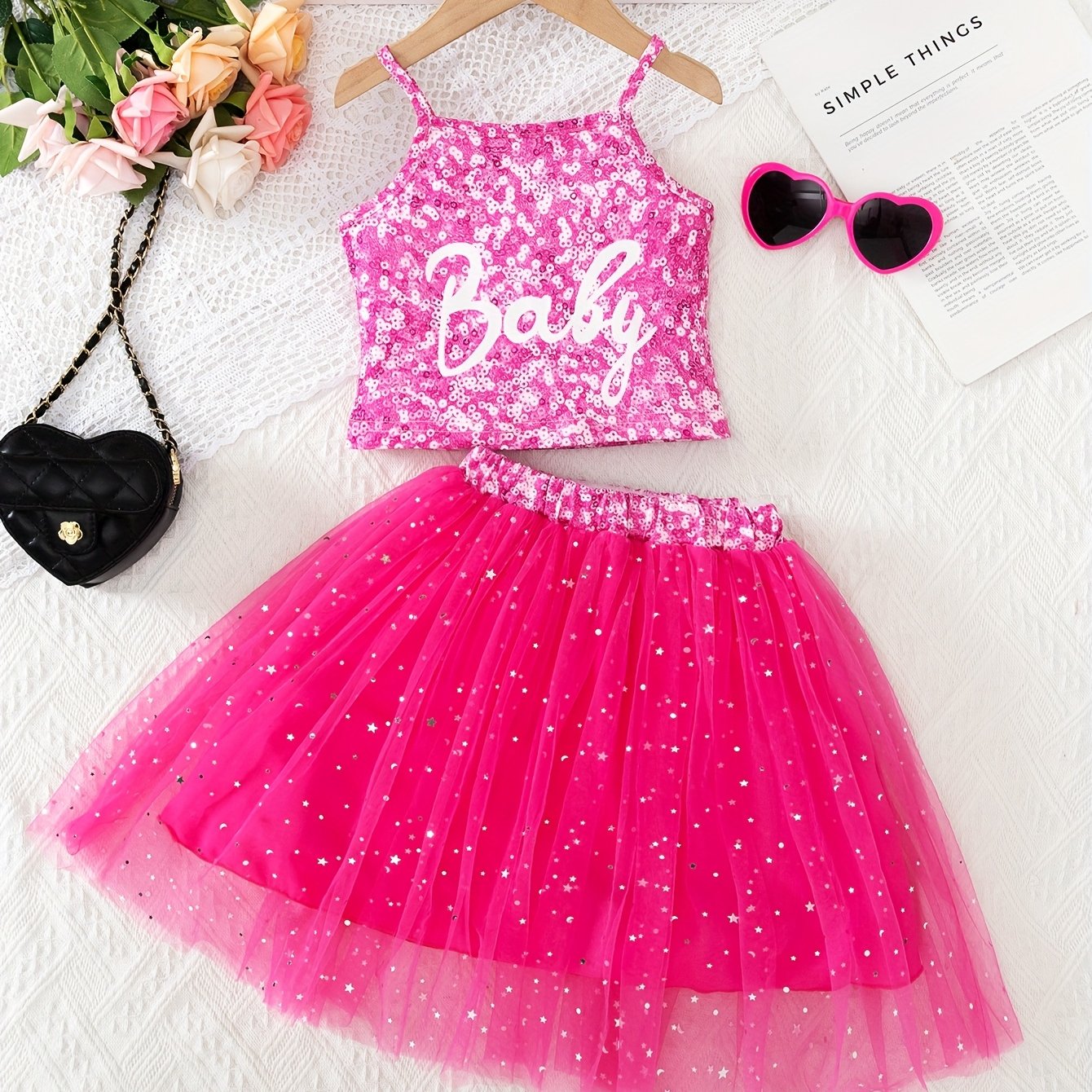 Image of Young Girl Two-piece Fashion Casual Knit Pearl Letter Print Spaghetti Strap Crop Top And Elastic Waist Mesh Skirt Set For Daily Home Outing Summer, Perfect For Outdoor