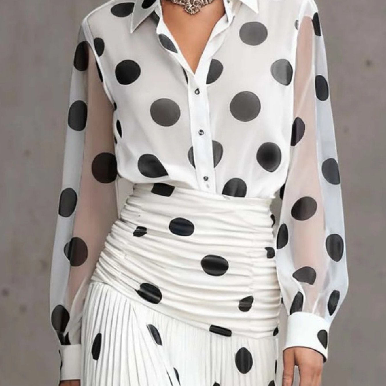 TEMU Chemise Chiffon à pour Femme - Blouse Imprimée à - Col à Vintage - Manches Longues Semi-Transparentes - Haut Élégant Blanc pour Bureau ou