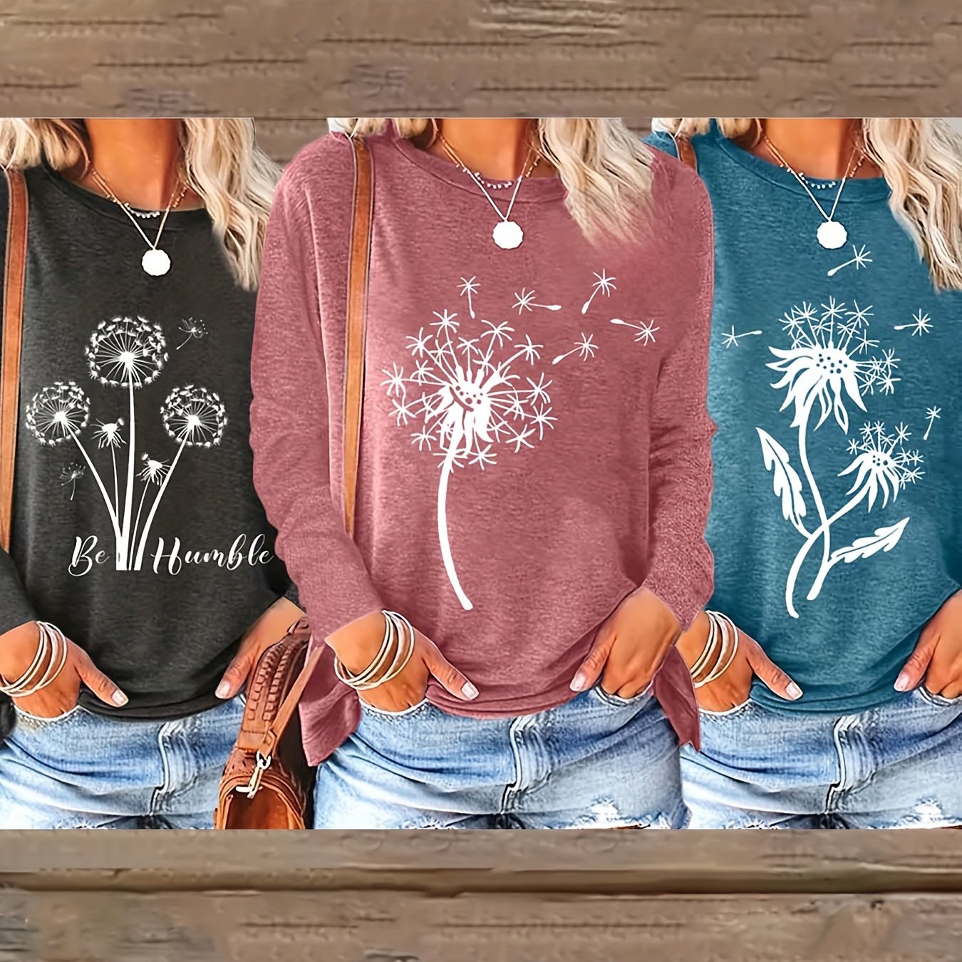 Image of 3pcs Spring/autumn New Positioning Print Round Neck Long Sleeve Loose Top Base T-shirt Machine Washable - Suitable For Spring/autumn Daily And
