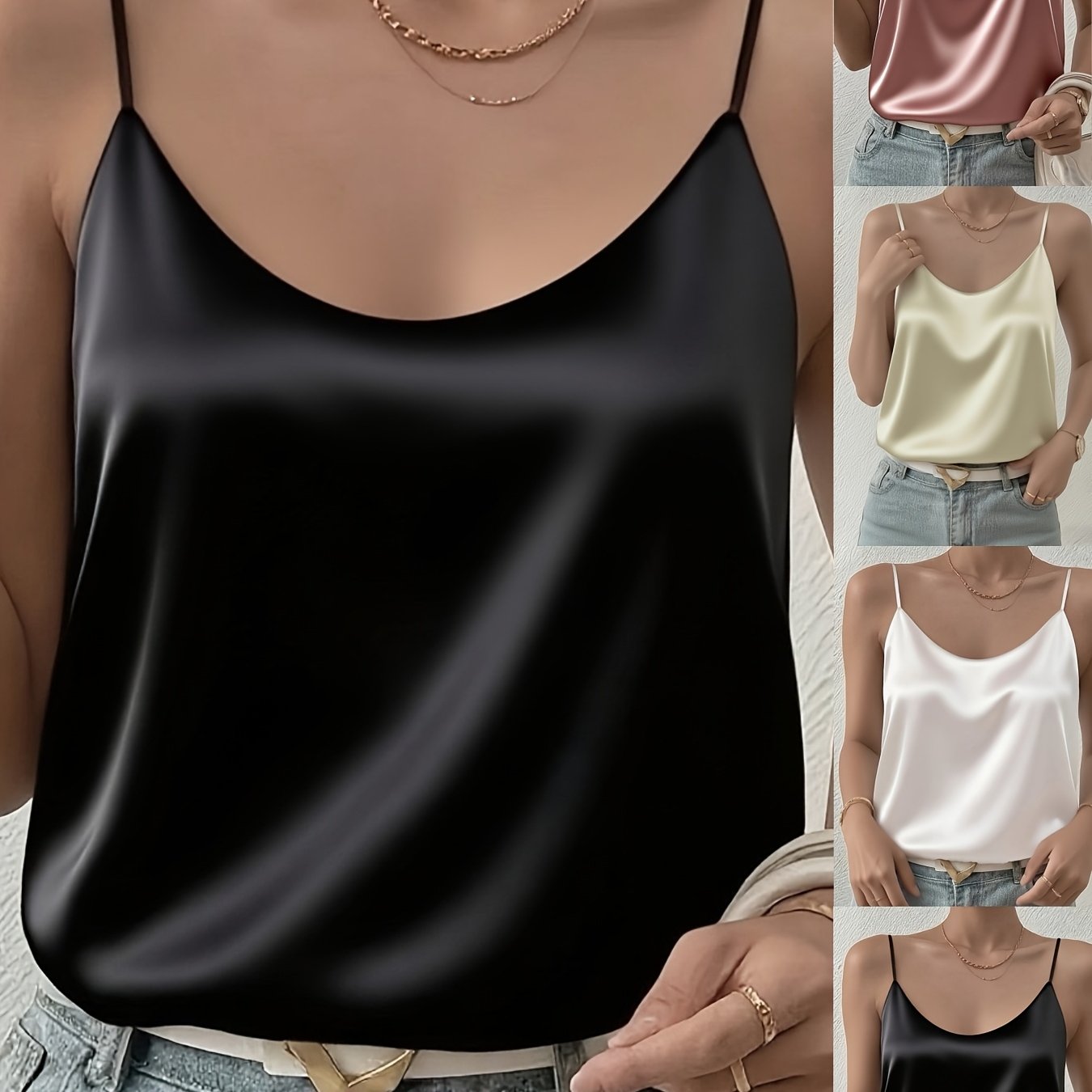 4pcs Set Premium Camisole Ice Satin Texture Elastic Vest Women's Lingerie Sleepwear Thin Straps Inner Wear Backless, Elegant Outerwear Top Smooth Satin Spring Summer Autumn Winter Blazer Base Layer