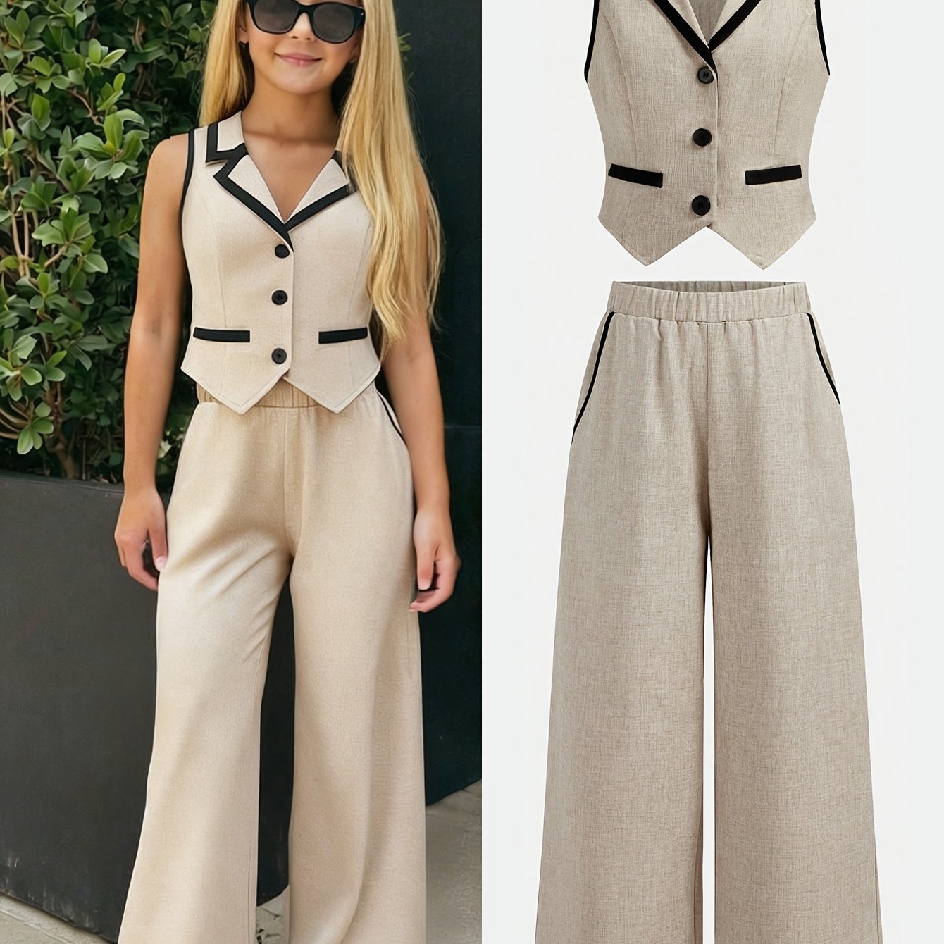 TEMU Elegant And Stylish Sleeveless Casual Blazer Vest Top With Open Front Buttons And Elastic Wide-leg Pants With Pockets, Featuring Contrast-