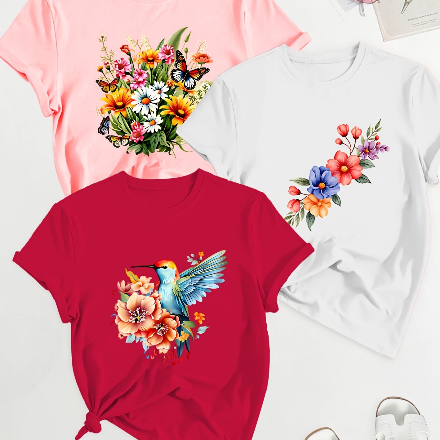 TEMU Women's Summer 3pcs Casual Crew Neck Short Sleeve T-shirts, Hummingbird And Floral Print, Style, Streetwear Music Festival Outfits, , S-xxl