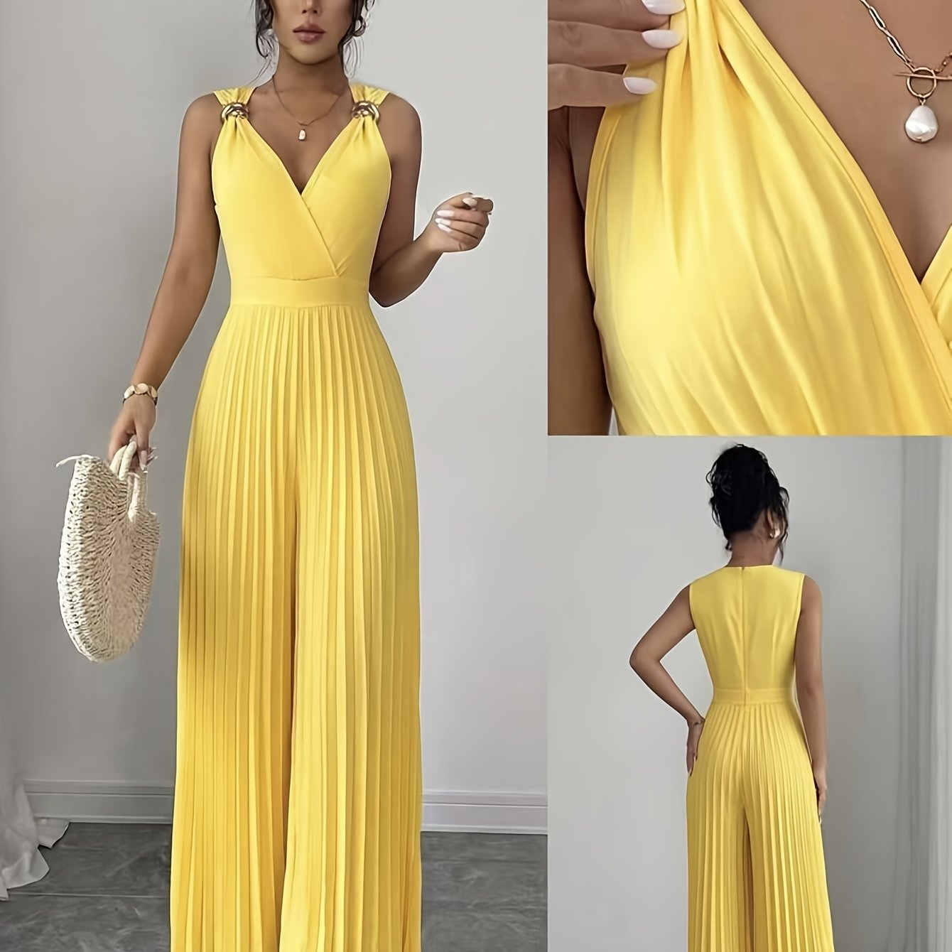 Ženski eleganten seksi kombinezon brez rokavov z V-izrezom in plisiranim pasom, poletno-pomladni stil