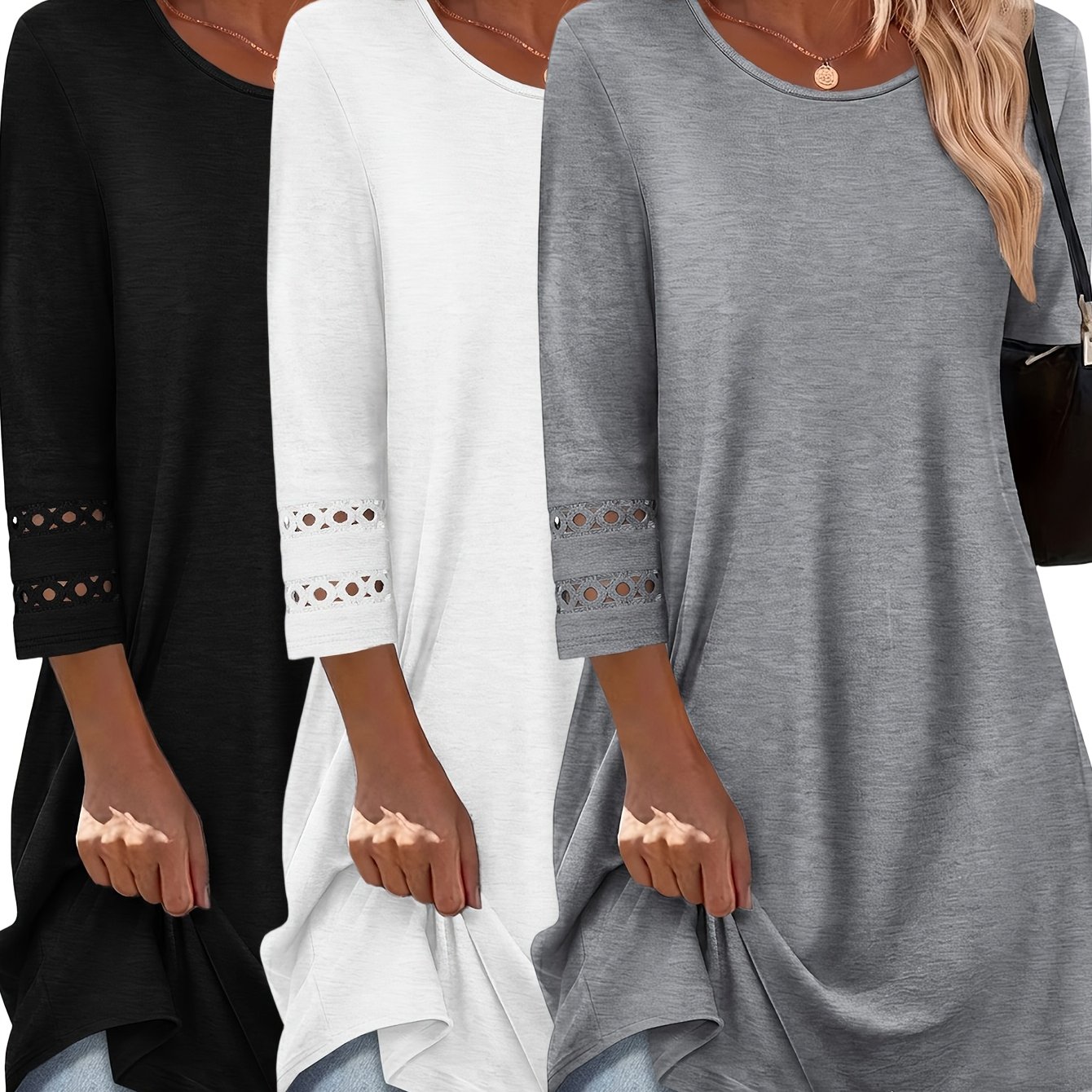 TEMU 3pcs Set Women's Fashion Long Length 3/4 Sleeve Top Comfortable Elegant Loose Round Neck Three-quarter Sleeve T-shirt