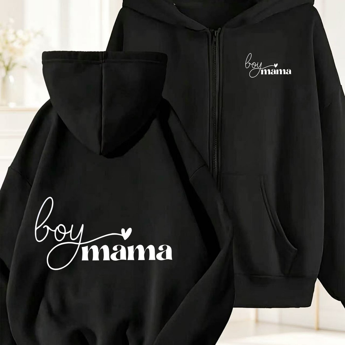 TEMU Plus Size Women's Casual Autumn/winter "bay Mama Letter Print Pattern" Sweatshirt, Long Sleeve Pocket Hooded Zip-up Jacket, Women's Sportswear,