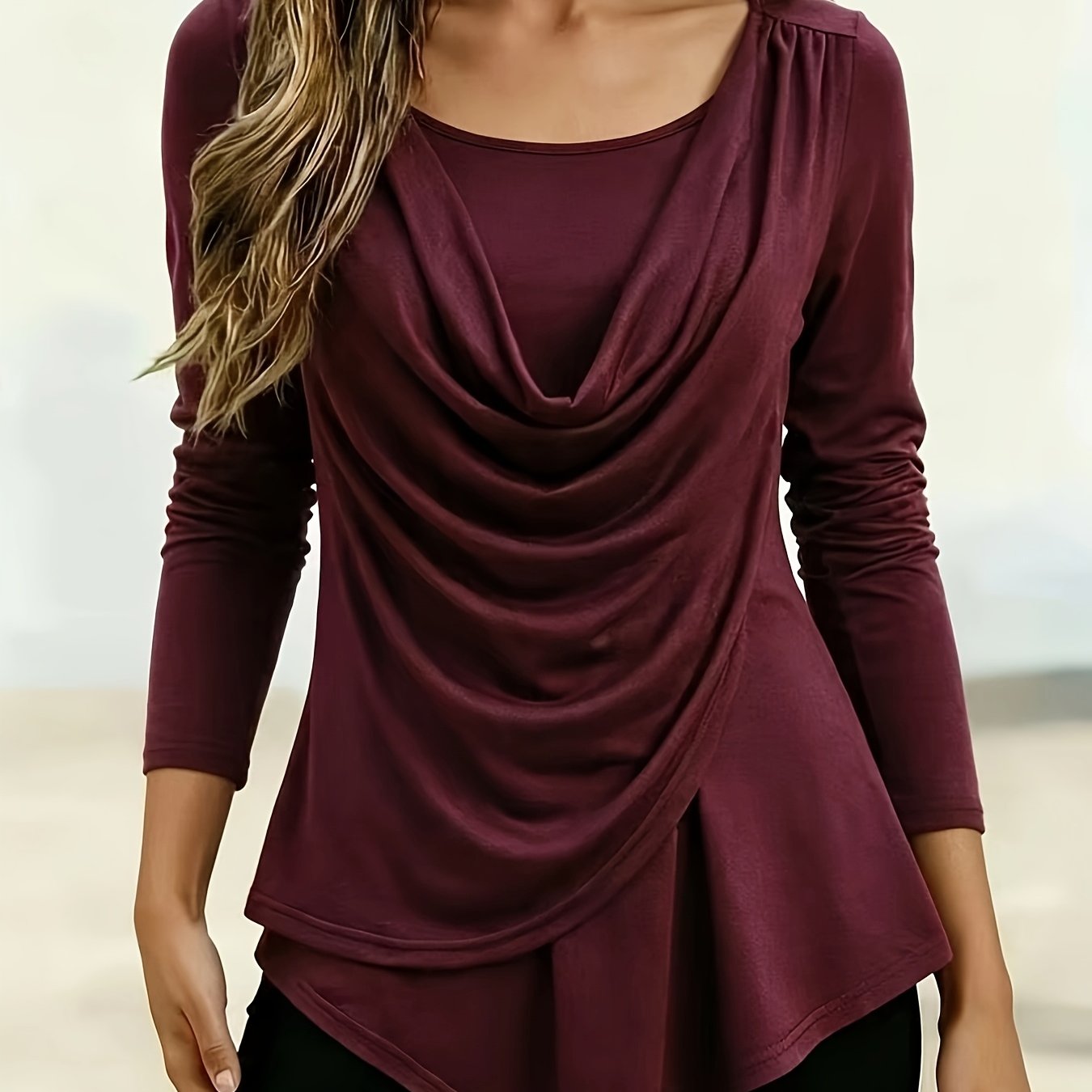 TEMU Women' Color Pile Neck Round Neck T-shirt
