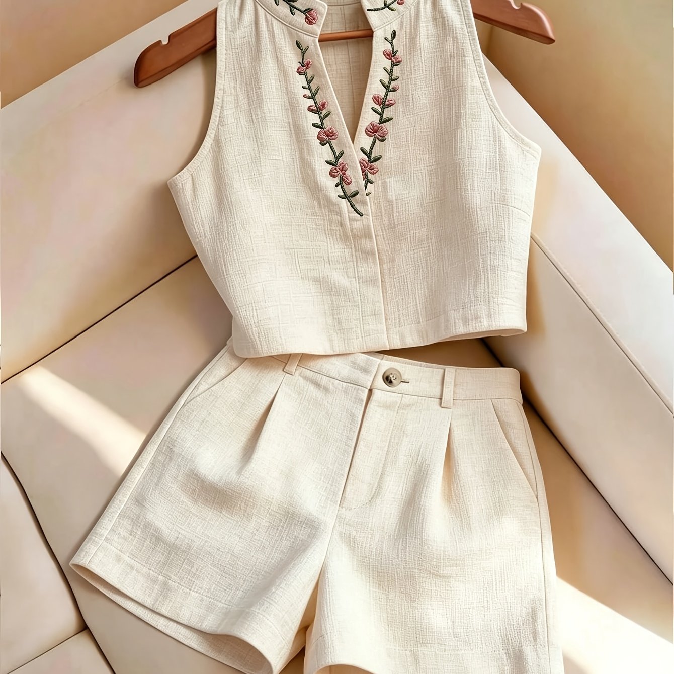 TEMU Women's Summer Embroidered Two-piece Set, Texture Sleeveless Top And Shorts Suit, Embroidered Collar Sleeveless Top And Shorts Set, Suitable For