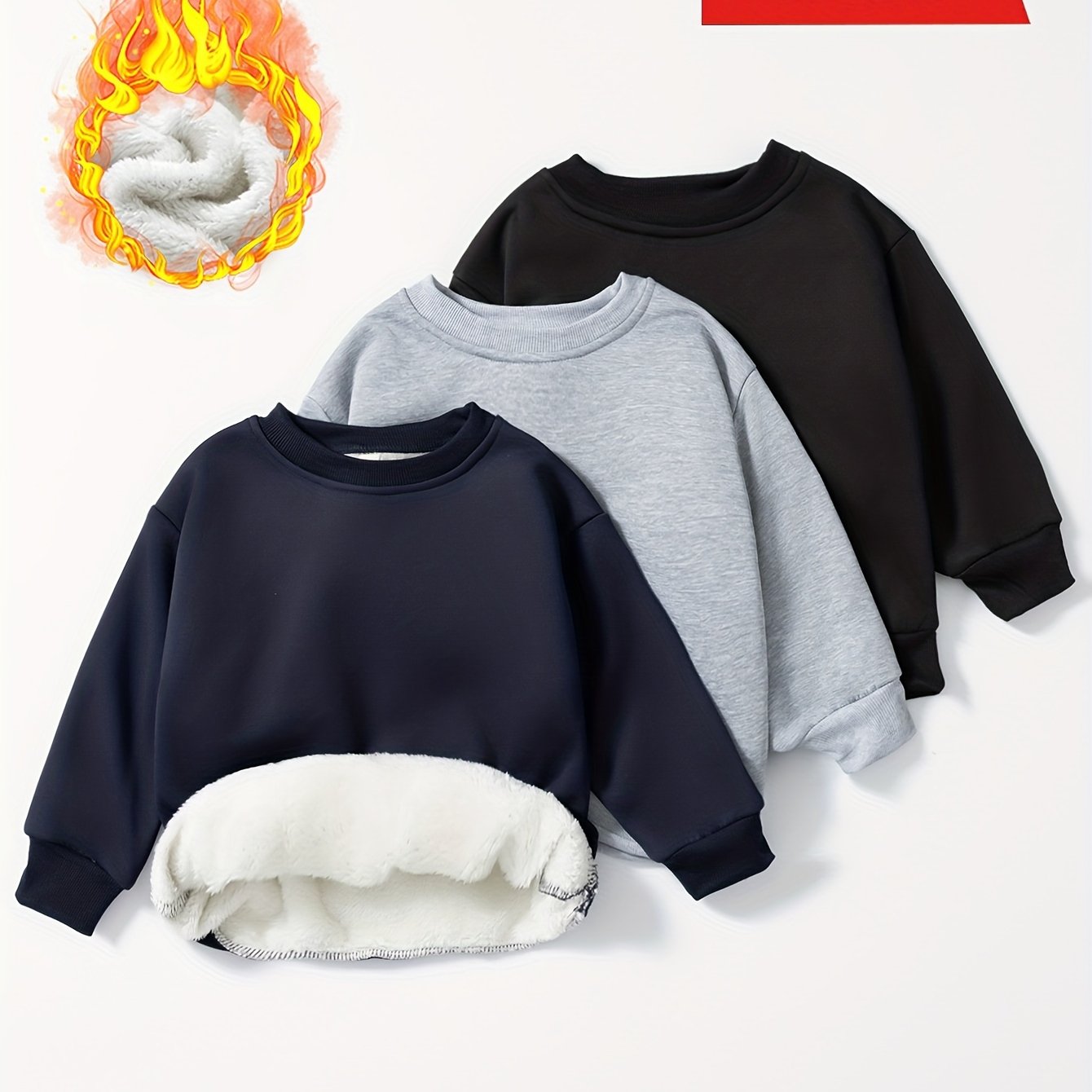 3pcs Boys' Fashion Solid Color Fleece-lined Warm Round Neck Outfit Set As A Gift