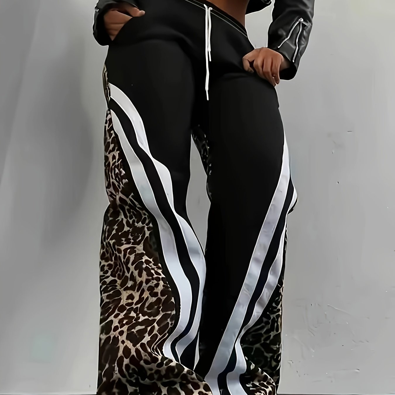TEMU [printed Design - Not Textured] Leopard Print Side Rips Casual Wide-leg Trousers