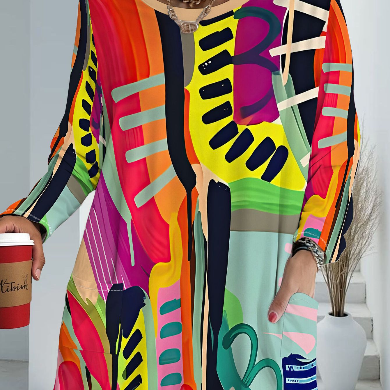 TEMU Women's Oversized Loose-fit Long Sleeve T-shirt With Pockets - Full-body Abstract Print Top Suitable For Daily Wear & Loose Gatherings - Casual