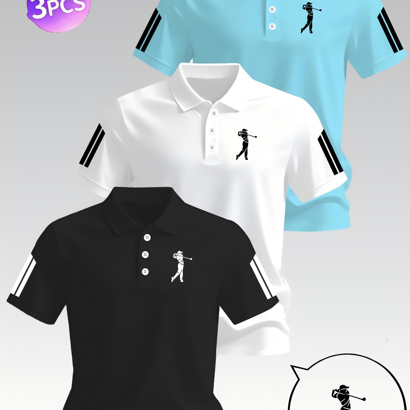 TEMU 3pcs Set Men's Golf Athletic Print Shirt Summer Breathable Quick-dry Collar Short Sleeve Three-stripe Business Casual All-match Outdoor Course