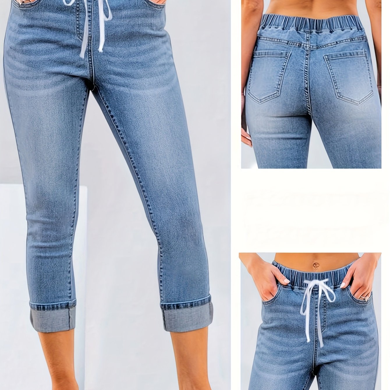 Image of Women's High-stretch Denim Capri Pants With Elastic Drawstring Waist - Slim-fit 7/8 Length Blue Jeans For Spring/summer, Machine Washable, Elastic Waist Jeans, Spring Fashion Wear, Denim
