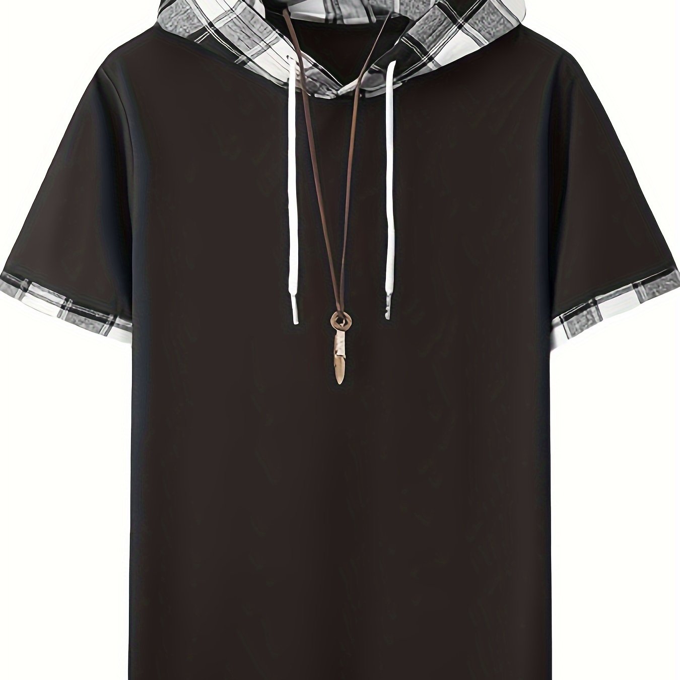 TEMU Men's   Plaid Hooded T-shirt For Summer, Trendy Short Sleeve Hoodies