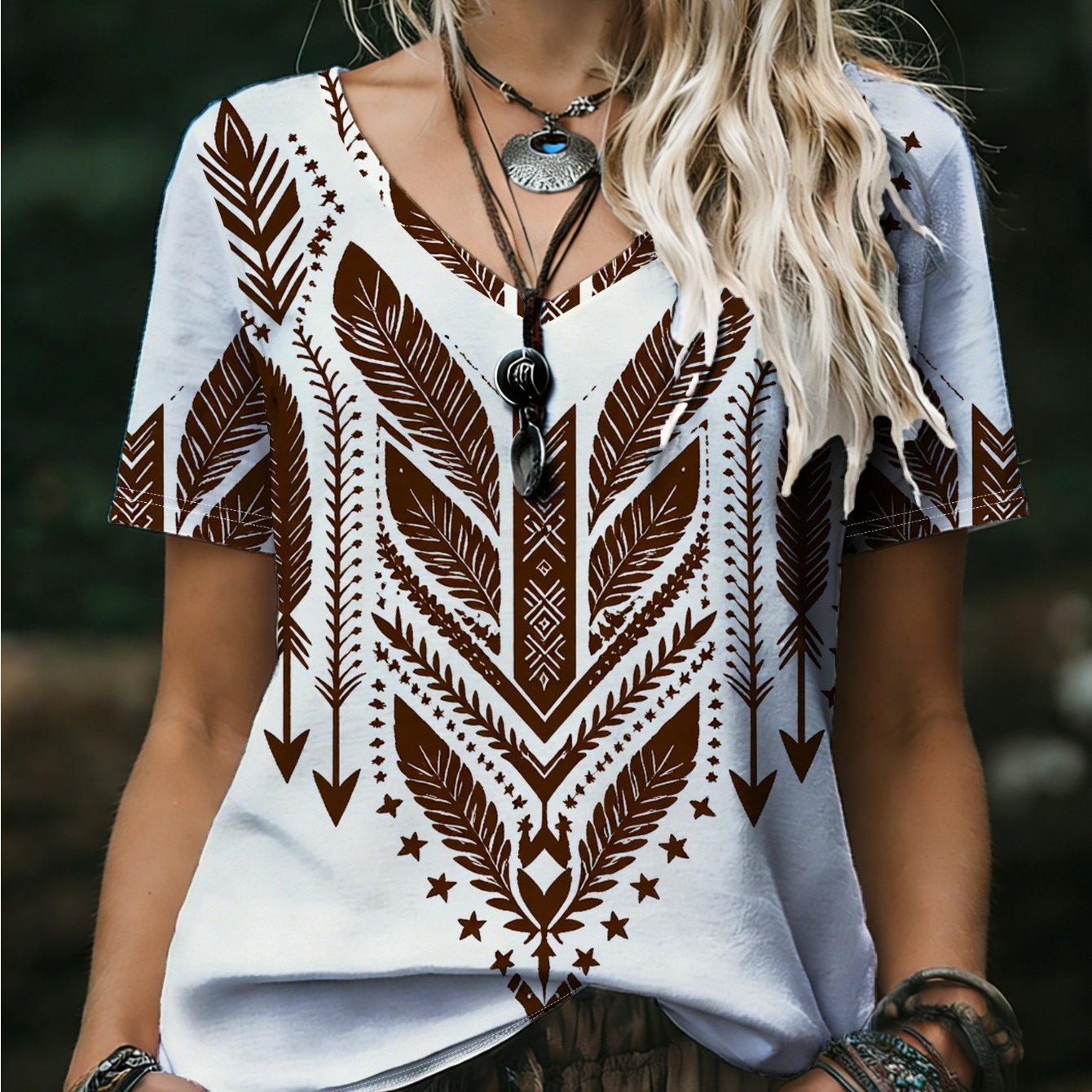 TEMU Plus Size, Plus Size Bohemian V-neck T-shirt - Full-body Totem Print Short Sleeve Blouse Suitable For, Ethnic Outfits, Loose Fit Casual &
