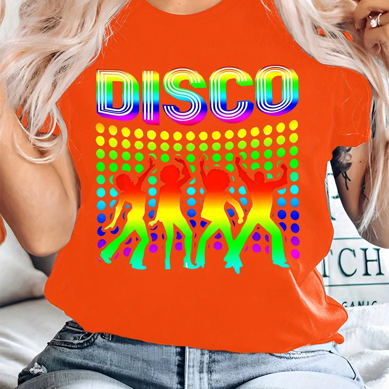 TEMU Plus Size, Vibrant Disco Vintage Print Plus Size Short Sleeve T-shirt, Polyester Fabric, Crew Neck, Pullover Style, Suitable For , Perfect Gift