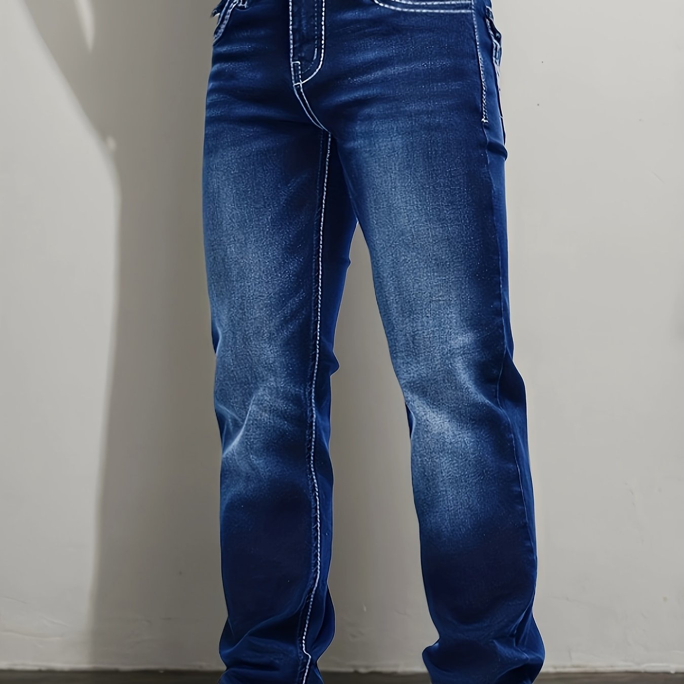 Men's Slim Fit Embroidered Pocket Jeans - Blue Stretch Denim, White Stitching, , Machine Washable - Suitable For