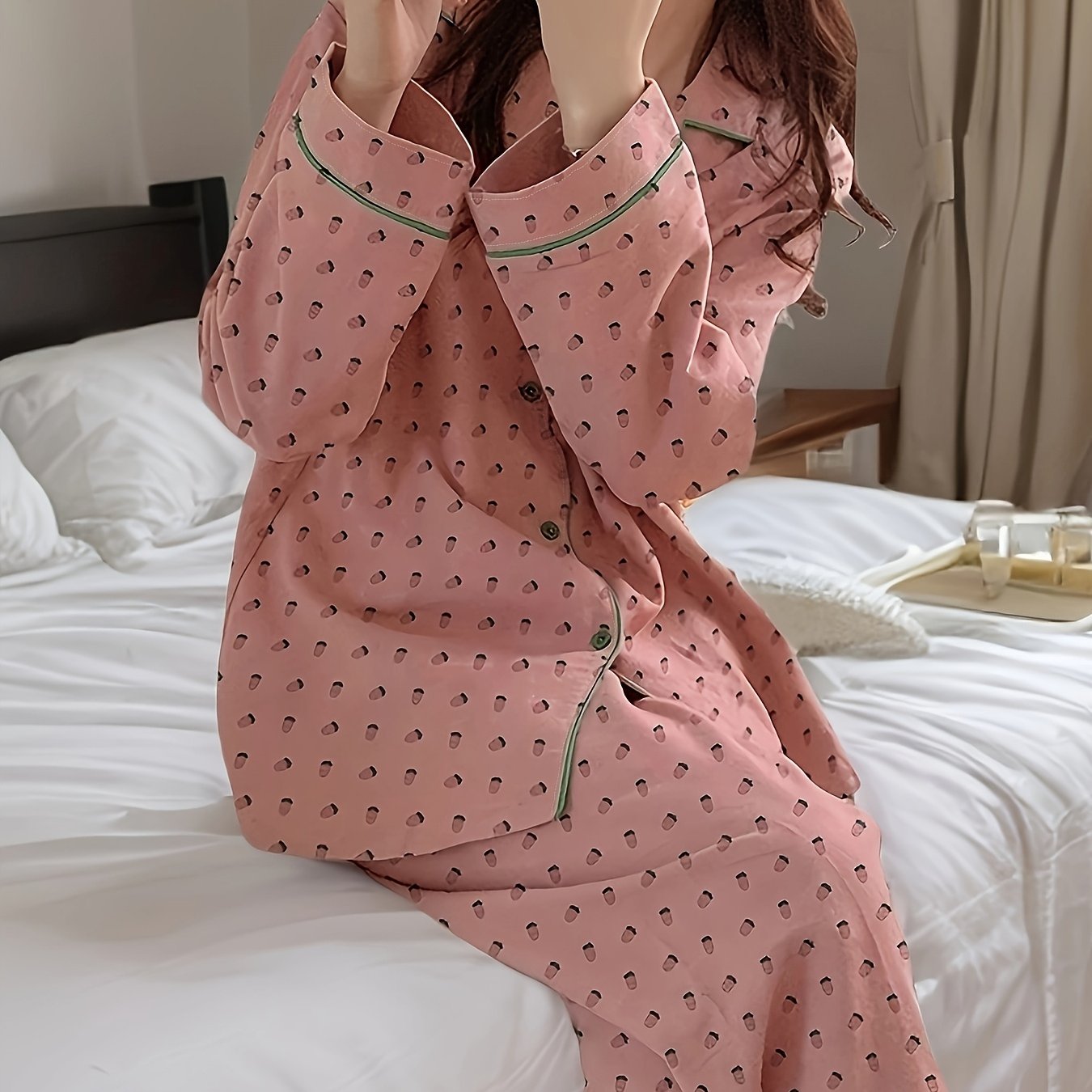 TEMU Print Pajama Set - Soft Pink Long Sleeve Top With Green Buttons, Elastic Waistband Pants - Comfortable Relaxed Fit For Fall/winter