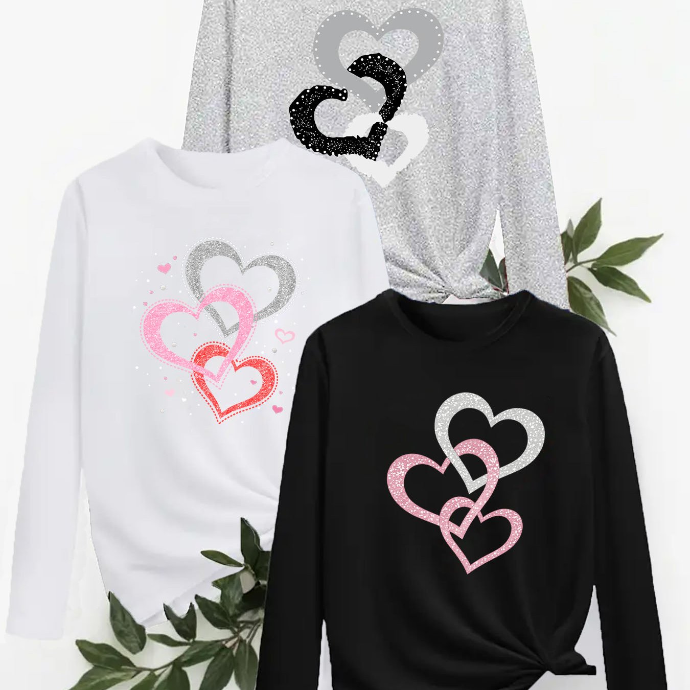 TEMU Plus Size Women's Long Sleeve Round Neck T-shirt Three-pack, Heart Print Ii 303 110 432