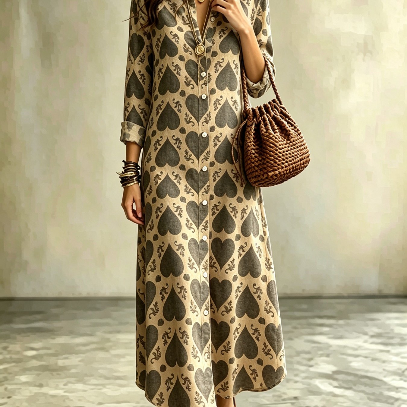 Image of Women's Long Sleeve Shirt Maxi Dress, Khaki Dark Gray All Over Heart Print Summer Retro Casual Loose Long Dress