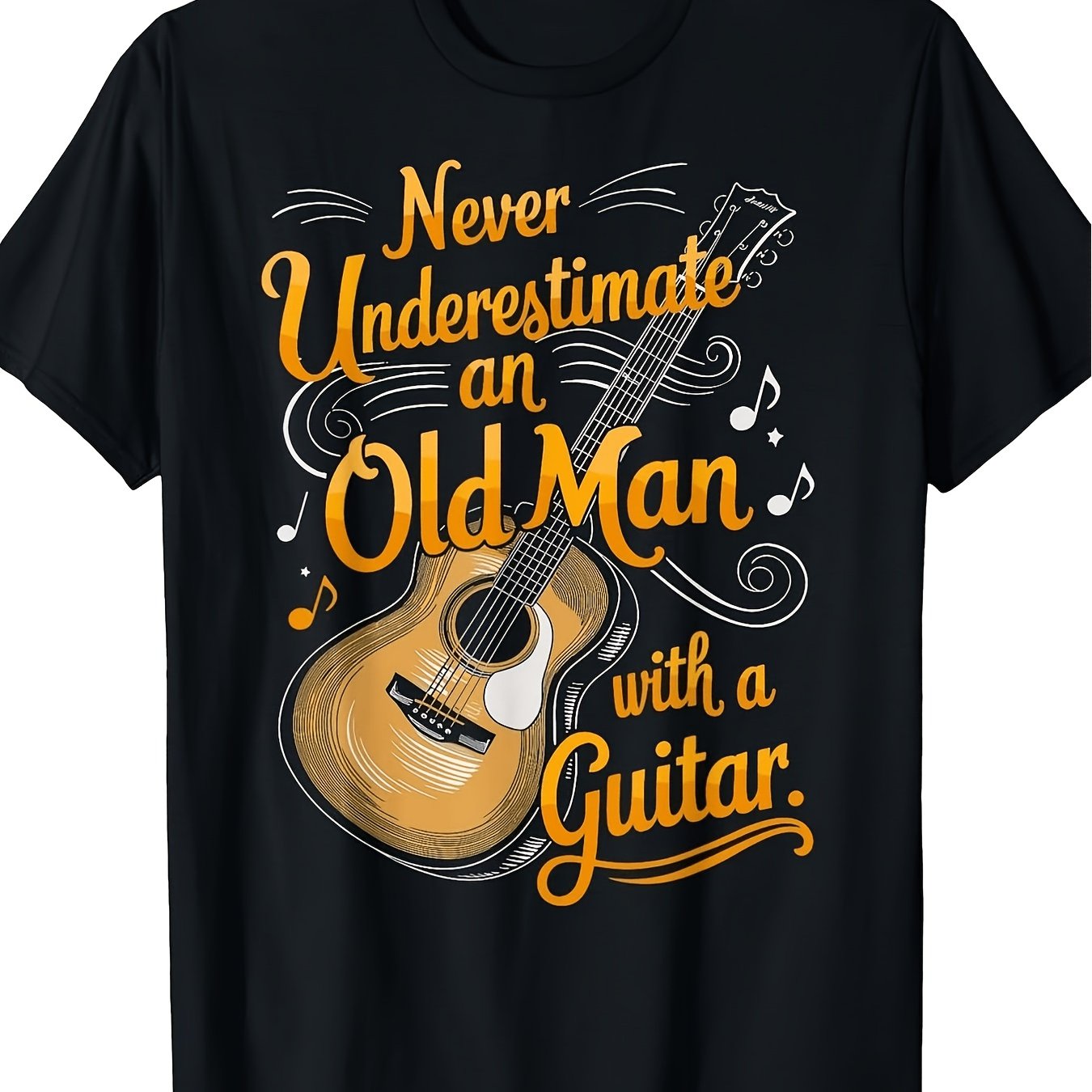 TEMU T-shirt graphique "Ne sous-estimez jamais un vieil homme avec une guitare" - T-shirt noir élégant avec un design orange et blanc accrocheur,