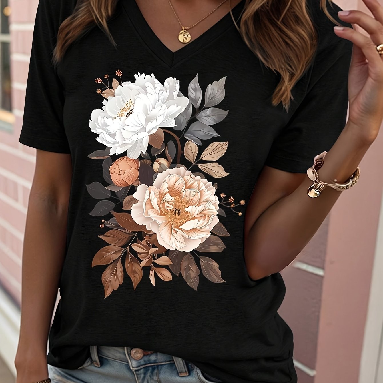 Image of Floral Patterned V-neck T-shirt, Short Sleeves, Casual Top For Women, Machine Washable, Suitable For Everyday Wear In , Women's Clothing.