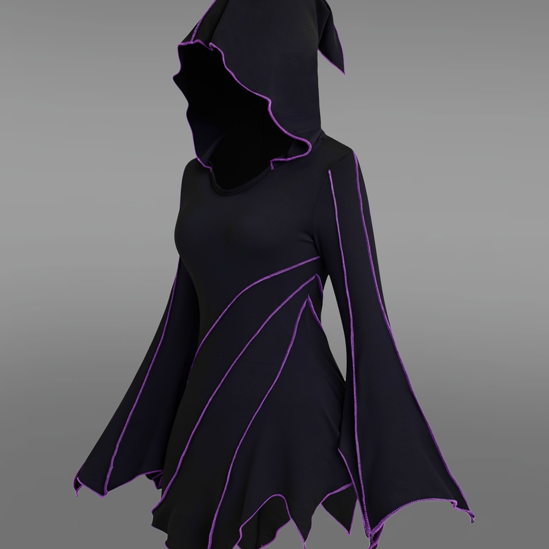 Image of Plus Size, Gothic Y2k Retro Color-block Stitched Longline Hoodie, Asymmetrical Hem Hoodie, Asymmetric Cuff Long Sleeve Top