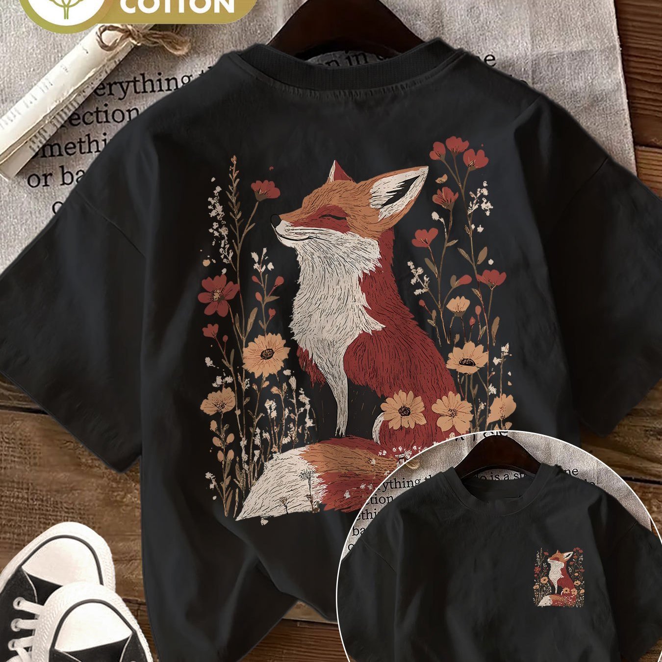 Image of Reversible Printed Summer Casual Top For Women, Fox-floral Print, Round Neck, Pure Short-sleeve T-shirt, Lingk