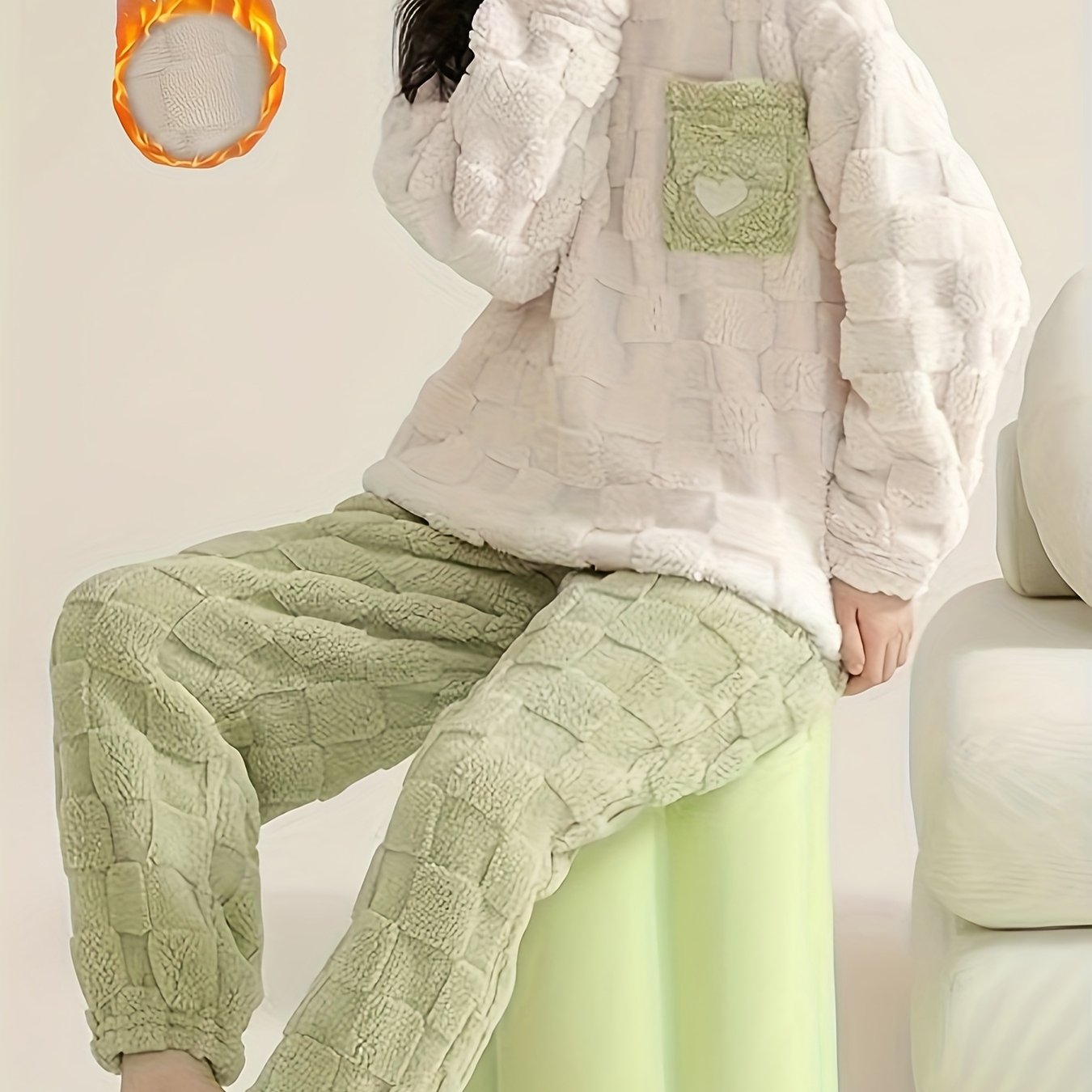 TEMU Winter Warm Fleece Pajama Set, Heart Pattern Outwear Set