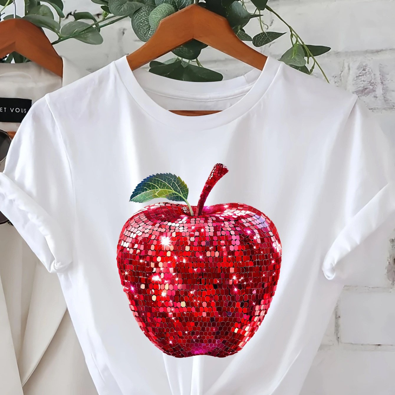 TEMU Lightweight Summer Round Neck Top For Women Featuring A Sparkling Red Sequin Design, Casual Wear. This White Tee Is Machine Washable And Ideal