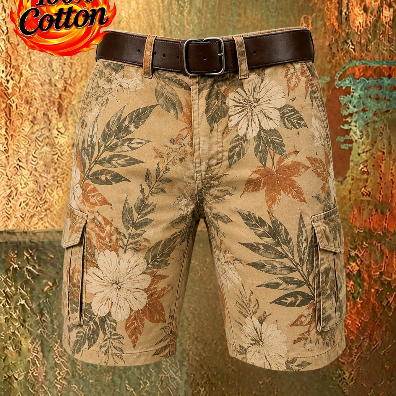 Image of 2026 Men's Fashion Floral Print Cargo Shorts, Stylish Multi-, Trendy And Versatile For Occasion, Comfortable Fabric, Ideal For Casual , , Belt Not Included