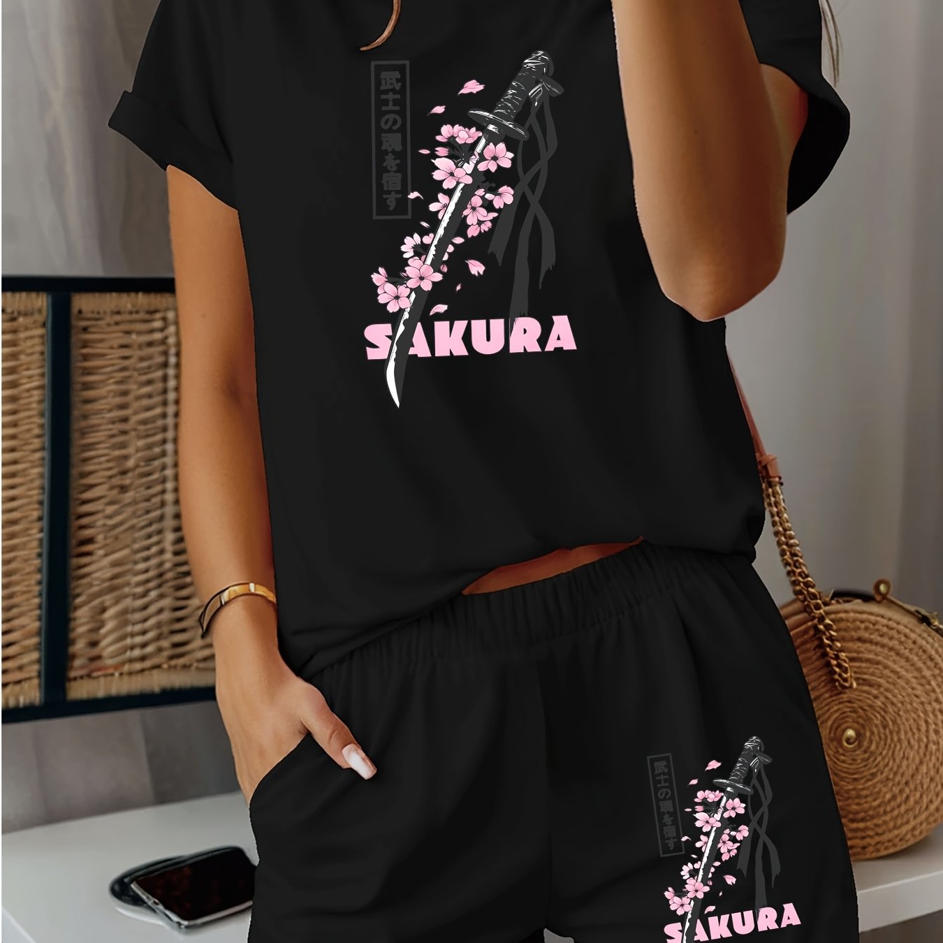 TEMU 2pcs Fashionable Women's Set Featuring And Cherry Prints. Includes A Round-neck Short-sleeve T-shirt And Pocketed Shorts With Sakura Design