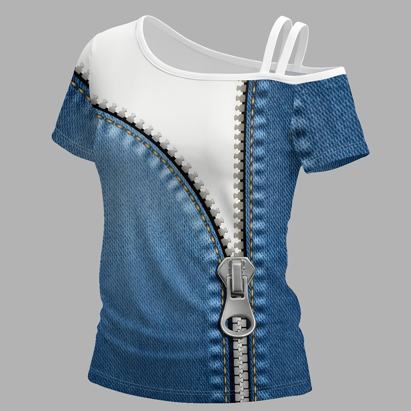 TEMU Half Denim Zipperwomen's Off-shoulder Short-sleeved T-shirt With Single Shoulder Strap, Featuring A Unique Asymmetrical Design, Trendy Prints,