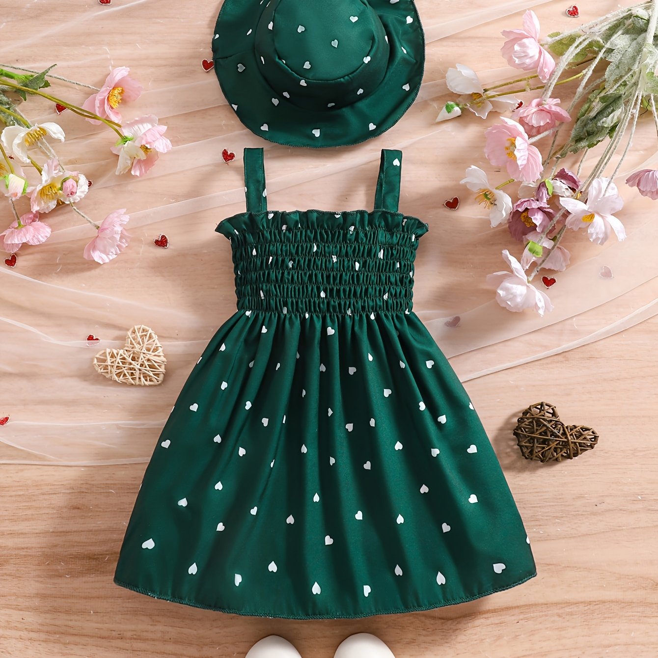 Image of Baby Stuff, New Summer Two-piece Set For Girls Aged 0-3, Featuring A Heart-patterned Sleeveless Dress With A Matching Hat, Newborn/toddler Necessities